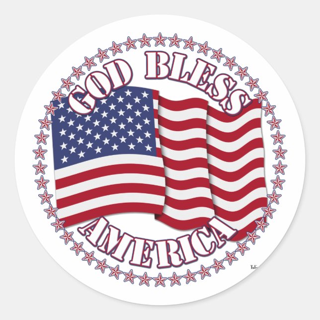 God Bless America With USA Flag And 50 Stars Classic Round Sticker (Front)