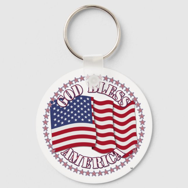 God Bless America With USA Flag And 50 Stars Key Ring (Front)