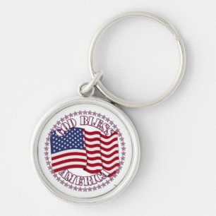 God Bless America With USA Flag And 50 Stars Key Ring