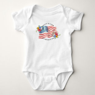 God Bless America With Watercolor Flag/Flowers II Baby Bodysuit