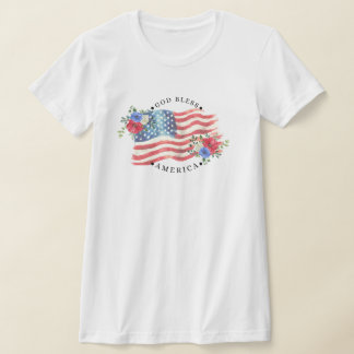 God Bless America With Watercolor Flag/Flowers T-Shirt