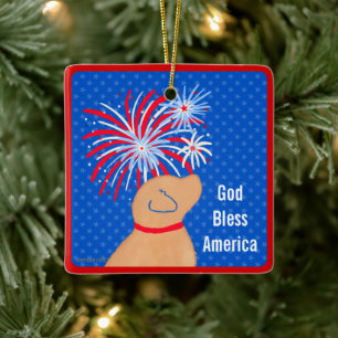 God Bless America Yellow Dog Fireworks Ornament