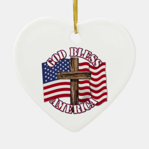 God Bless American with USA Flag & Cross Ceramic Tree Decoration