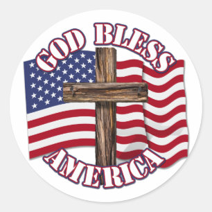 God Bless American with USA Flag & Cross Classic Round Sticker