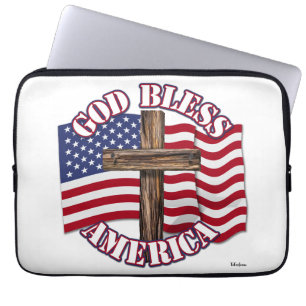 God Bless American with USA Flag & Cross Laptop Sleeve