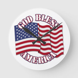 God Bless American with USA Flag Round Clock