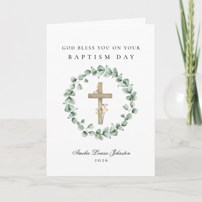 God Bless Baptism Eucalytus Card (Front)