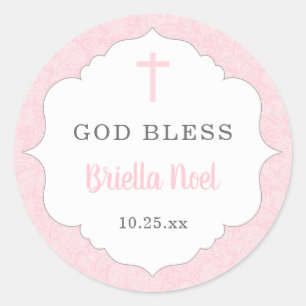 God Bless baptism favour pink damask baby girl Classic Round Sticker