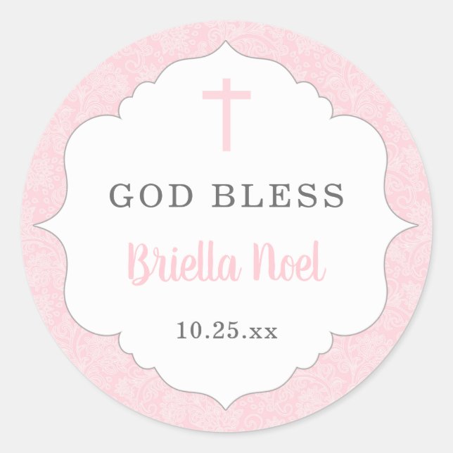God Bless baptism favour | pink damask baby girl Classic Round Sticker (Front)