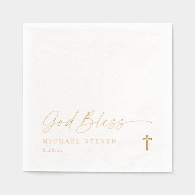 God Bless Baptism Napkins Modern Cross Gold (Front)