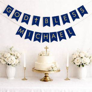 God Bless Blue Gold 7 Letters Baptism Communion Bunting