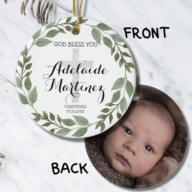 God Bless Christening Baptism Green Botanical Ceramic Tree Decoration (Creator Uploaded)