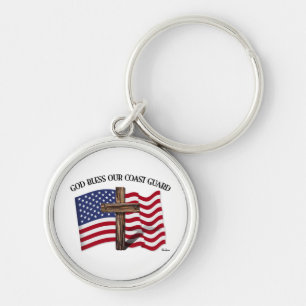 GOD BLESS COAST GUARD with rugged cross & US flag Key Ring