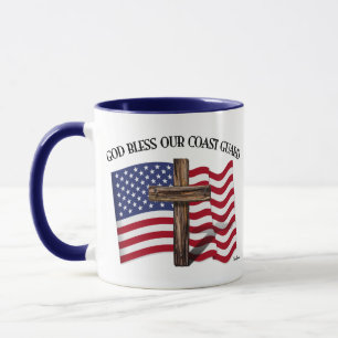 GOD BLESS COAST GUARD with rugged cross & US flag Mug