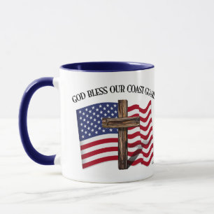 GOD BLESS COAST GUARD with rugged cross & US flag Mug