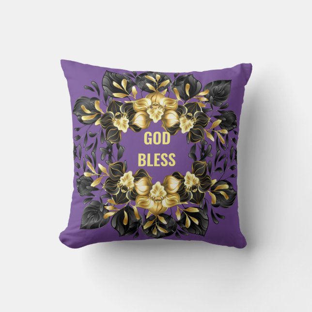 God Bless Floral Circle Throw Pillow (Front)