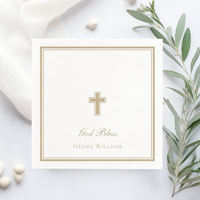 God Bless Gold Cross Boy Baptism Napkin (Creator Uploaded)