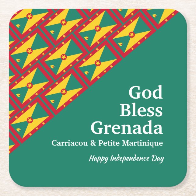 GOD BLESS GRENADA Custom Text GREEN Square Paper Coaster (Front)