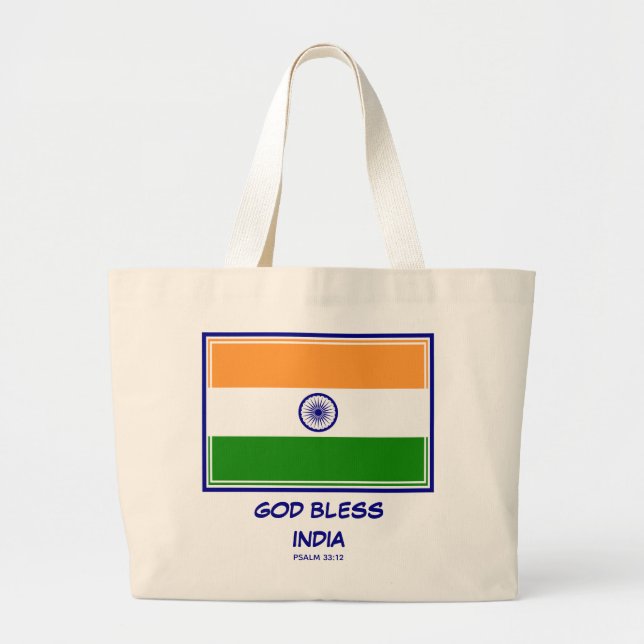 GOD BLESS INDIA Patriotic Indian Flag Large Tote Bag (Front)