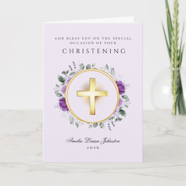 God Bless Lilac Christening Card (Front)