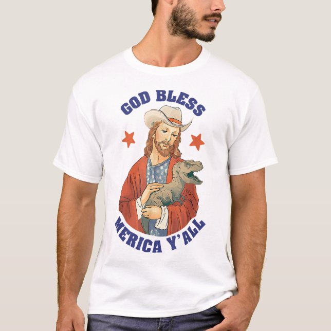 God Bless Merica Y'all Jesus Dinosaur Cowboy Hat T-Shirt (Front)