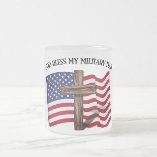 GOD BLESS MY MILITARY DAD, rugged cross & US flag Frosted Glass Coffee Mug