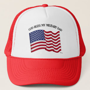 GOD BLESS MY MILITARY DAD with US flag Trucker Hat