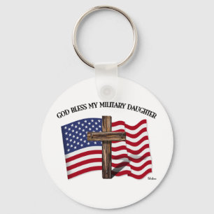 GOD BLESS MY MILITARY DAUGHTER rugged crossUS flag Key Ring