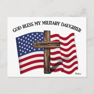 GOD BLESS MY MILITARY DAUGHTER rugged crossUS flag Postcard