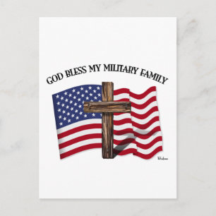 GOD BLESS MY MILITARY FAMILY rugged cross, US flag Postcard