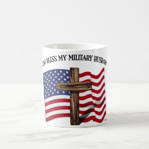 GOD BLESS MY MILITARY HUSBAND rugged cross US flag Coffee Mug