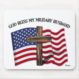 GOD BLESS MY MILITARY HUSBAND rugged cross US flag Mouse Mat
