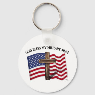 GOD BLESS MY MILITARY MOM rugged cross & US flag Key Ring