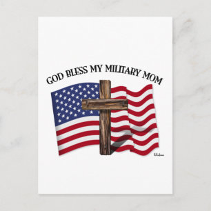 GOD BLESS MY MILITARY MOM rugged cross & US flag Postcard