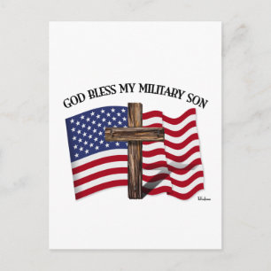 GOD BLESS MY MILITARY SON, rugged cross & US flag Postcard
