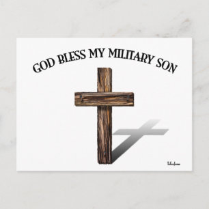 GOD BLESS MY MILITARY SON with rugged cross Postcard