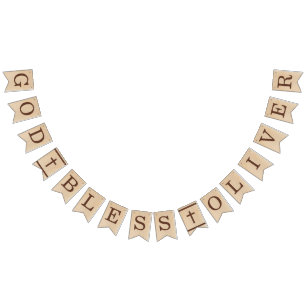 God Bless Name Brown Wood Baptism First Communion Bunting