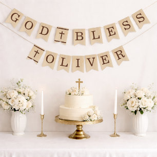 God Bless Name Brown Wood Baptism First Communion Bunting