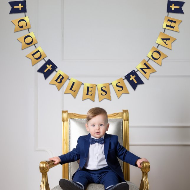 God Bless Name Gold Navy Blue Baptism Communion Bunting (Creator Uploaded)