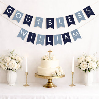 God Bless Name Navy Dusty Blue Baptism & Communion Bunting