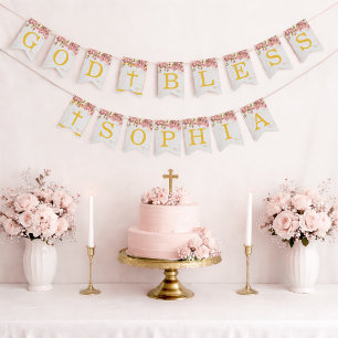 God Bless Name Pink Orchids Girl Baptism Communion Bunting