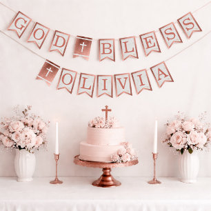 God Bless Name Rose Gold Marble Baptism Communion Bunting