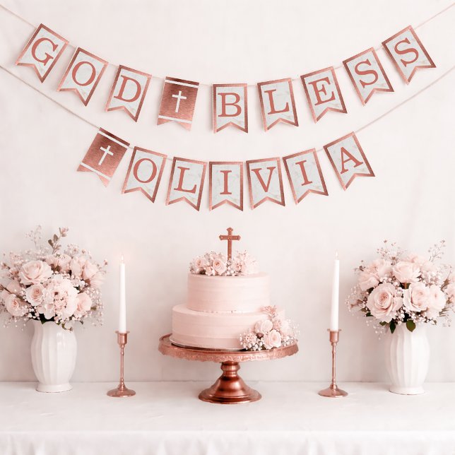 God Bless Name Rose Gold Marble Baptism Communion Bunting (Creator Uploaded)