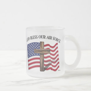 GOD BLESS OUR AIR FORCE with rugged cross, US flag Frosted Glass Coffee Mug