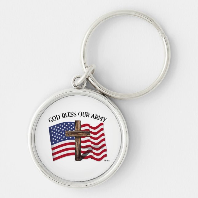 GOD BLESS OUR ARMY with rugged cross & US flag Key Ring (Front)