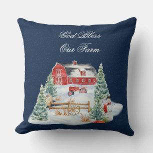 God Bless Our Farm Christmas Farm Scene Cushion