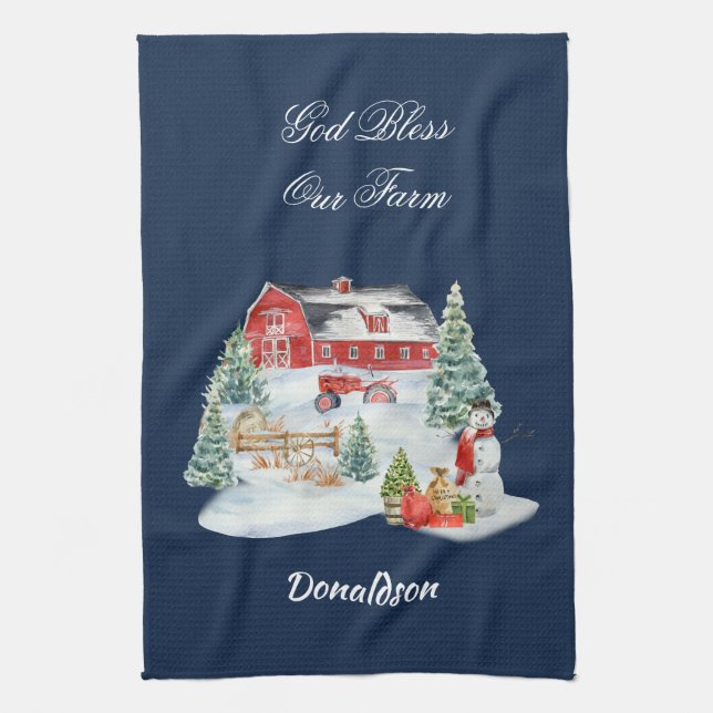 God Bless Our Farm Christmas Farm Scene Tea Towel (Vertical)