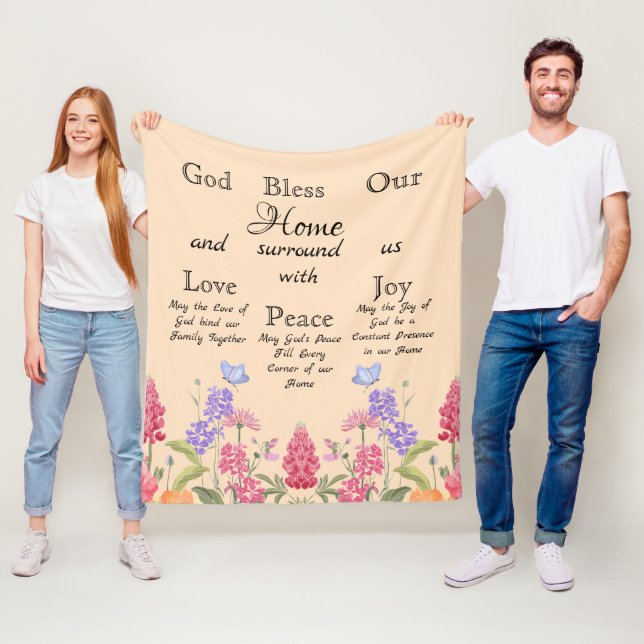 God Bless Our Home Beige Floral Wildflowers Fleece Blanket (In Situ)