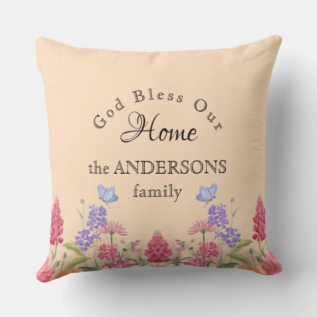 God Bless Our Home Beige Wildflower Family Name Cushion (Back)