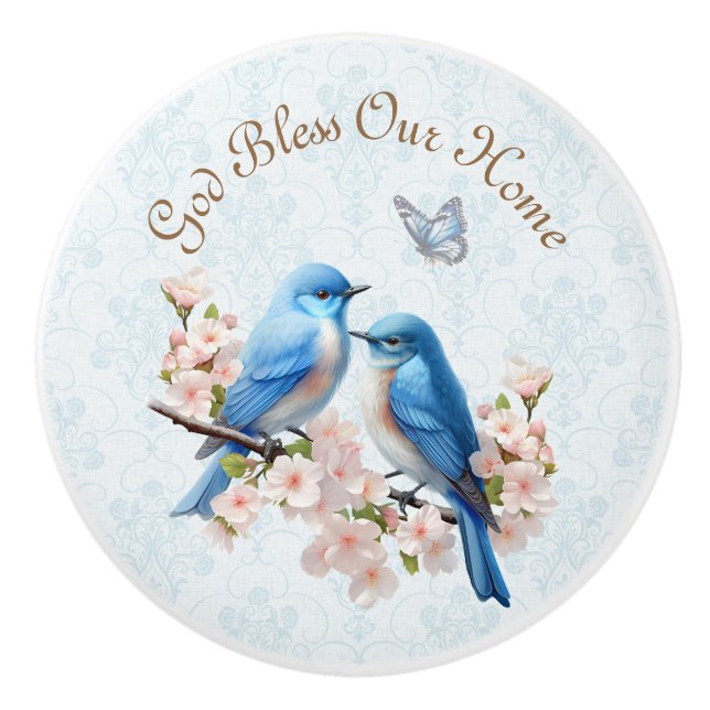 God Bless Our Home Bluebird Floral Damask Ceramic Knob (Front)